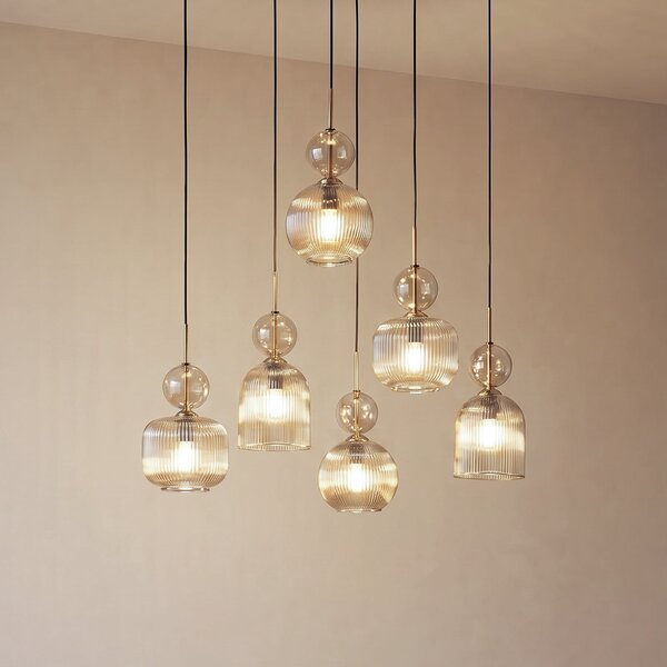 TK Lighting Κρεμαστό φωτιστικό Sophia, 6 λαμπτήρες, 65 εκ., κονιάκ/μαύρο, E14, ρυθμιζόμενος, Γκρι, Σαλόνι / τραπεζαρία, Γυαλί
