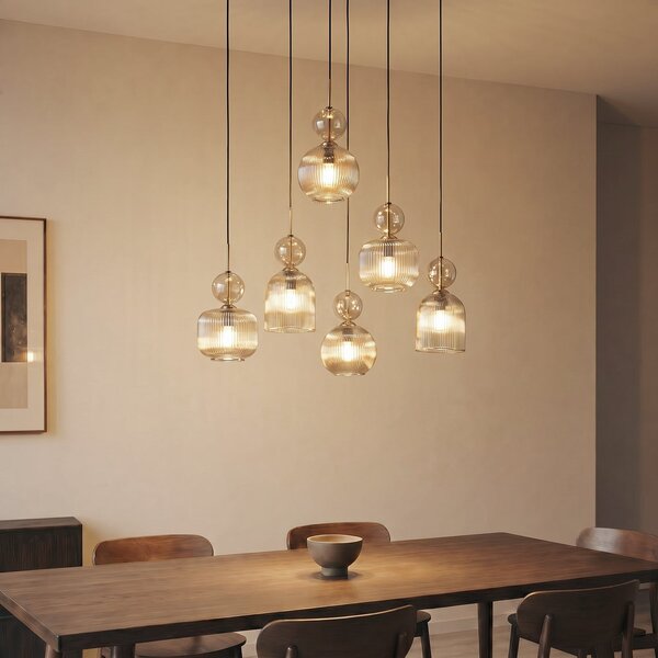 TK Lighting Κρεμαστό φωτιστικό Sophia, 6 λαμπτήρες, 65 εκ., κονιάκ/μαύρο, E14, ρυθμιζόμενος, Γκρι, Σαλόνι / τραπεζαρία, Γυαλί