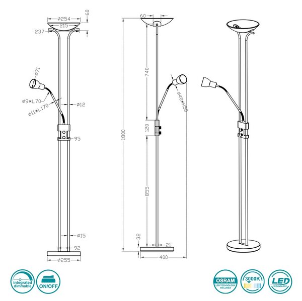 Φωτιστικό Δαπέδου Trio Lighting Santo II 421910207 Νίκελ Ματ