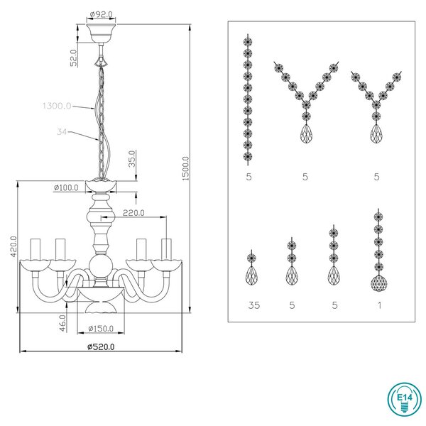 Φωτιστικό Πολυέλαιος RL Lighting Luster R1107-03 Οξυντέ Διάφανος