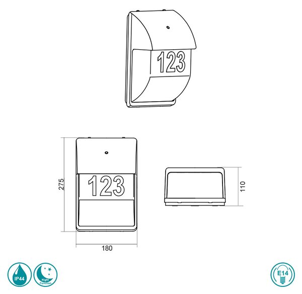 Απλίκα Εξωτερικού Χώρου Trio Lighting Mersey 212160242 Ανθρακί με Αισθητήρα Ημέρας-Νύχτας