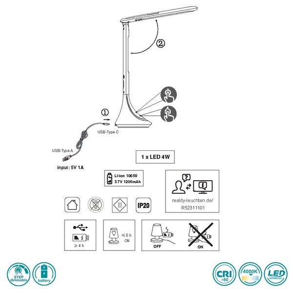 Φωτιστικό Γραφείου Επαναφορτιζόμενο RL Lighting Patty R52311101 Λευκό (4000K)
