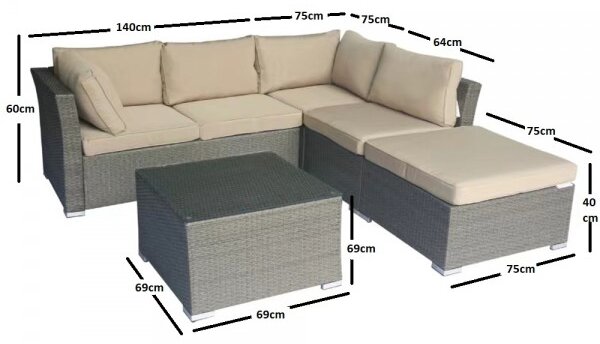 Artekko Artekko Rattan Καναπές Γωνία (140x76x60)cm (75x75x60)cm (64x75x60)cm Σκαμπό (75x75x40)cm Τραπεζάκι (69x69x42)cm Καφέ Γκρι Πλαστικ Ρατάν Ανοιχτό Καφέ Μαξιλάρι Σετ/5 248-6002