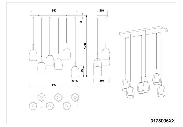 Φωτιστικό Κρεμαστό Trio Lighting BARRET 317500606 Χρώμιο (Chrome)