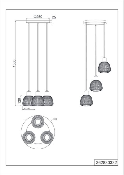 Φωτιστικό Κρεμαστό Trio Lighting TARIFA 362830332 Μαύρο Ματ (Black Mat)
