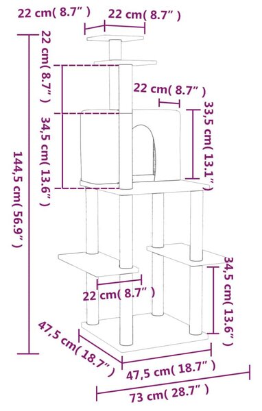 Γατόδεντρο Κρεμ 144,5 εκ. με Στύλους Ξυσίματος από Σιζάλ - Κρεμ