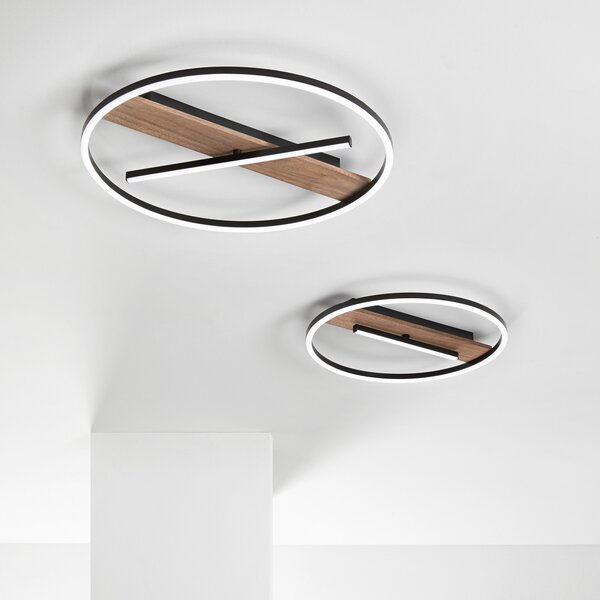Luce Ambiente Design Επιτοίχια λάμπα LED Azimuth, Ø 50 cm, μαύρο/χρώμα ξύλου, μέταλλο, Μαύρο, Σαλόνι / τραπεζαρία, Αλουμίνιο, σύγχρονο