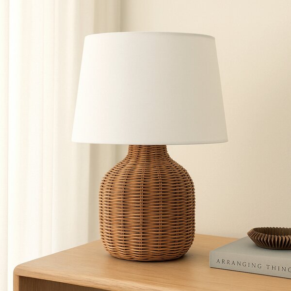 Lindby Επιτραπέζιο φωτιστικό Lirenda, ύψος 52 cm, ρατάν, φυσικό/λευκό, Ξύλου, Σαλόνι / τραπεζαρία, Ύφασμα / Κλωστοϋφαντουργία, Σκανδιναβικό