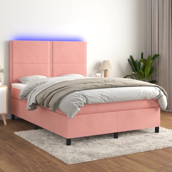 VidaXL Κρεβάτι Boxspring με Στρώμα & LED Ροζ 140x190 εκ. Βελούδινο