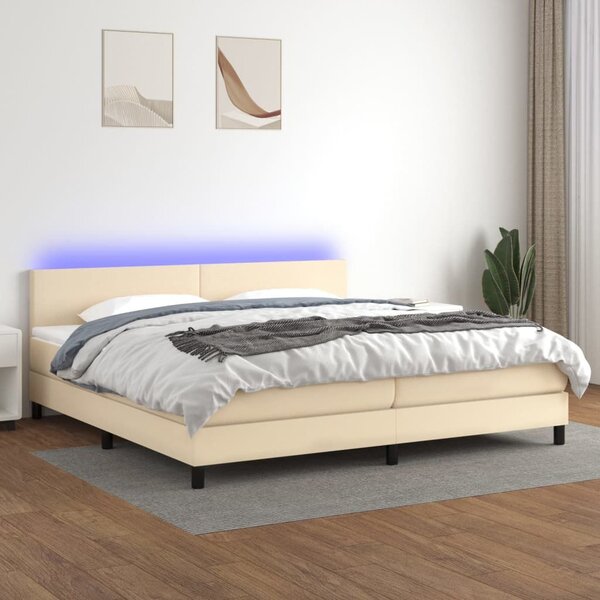 Κρεβάτι Boxspring με Στρώμα & LED Κρεμ 200x200 εκ. Υφασμάτινο - Κρεμ