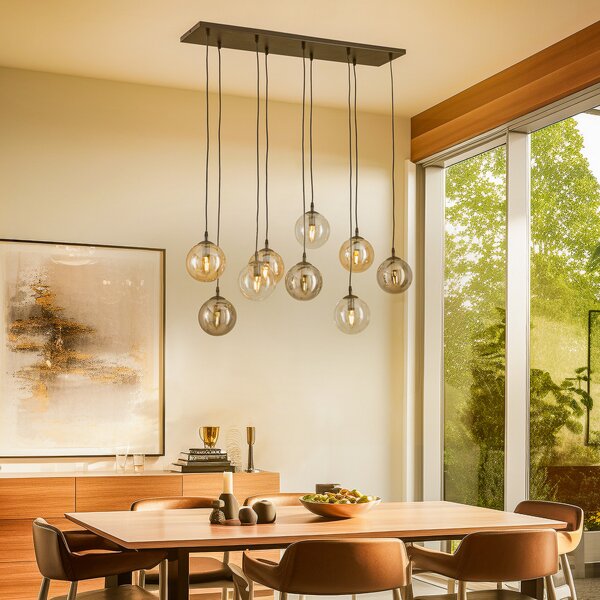 EMIBIG LIGHTING Κρεμαστό φωτιστικό Glassy, 9 φώτα, μαύρο, γραφίτη/κεχριμπάρι/διαφανές, E14, ρυθμιζόμενος, Μαύρο, Σαλόνι / τραπεζαρία, Μέταλλο, σύγχρονο