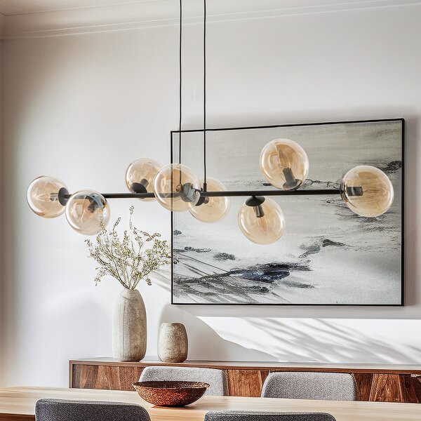 EMIBIG LIGHTING Κρεμαστό φωτιστικό Glassy, 8 φλόγες, μαύρο, κεχριμπαρένιο, γυαλί, E14, ρυθμιζόμενος, Μαύρο, Σαλόνι / τραπεζαρία, Μέταλλο, σύγχρονο