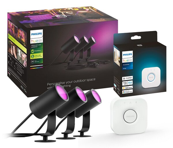 Philips Hue Προβολέας LED Lily, σετ 3 τεμαχίων, γέφυρα, RGB, CCT, IP65, ρυθμιζόμενος, Μαύρο, Μέταλλο, σύγχρονο