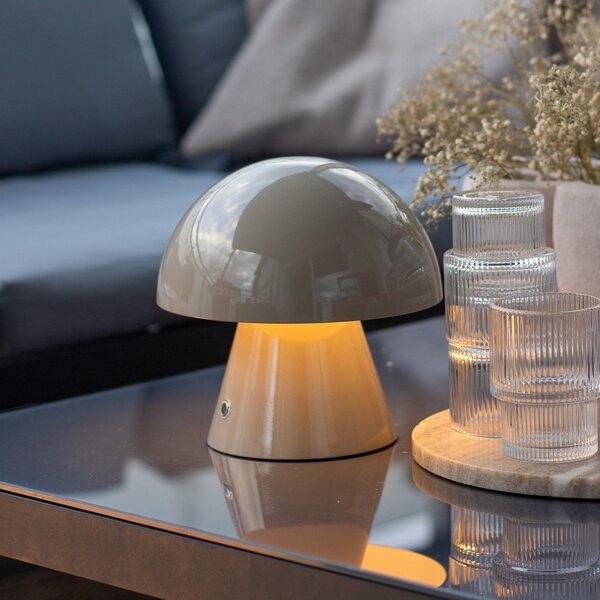 Lindby LED επαναφορτιζόμενο επιτραπέζιο φωτιστικό Nevijo, γκρι, Ø18cm,, ρυθμιζόμενος, Γκρι, Σαλόνι / τραπεζαρία, Μέταλλο, Νεανική διαβίωση