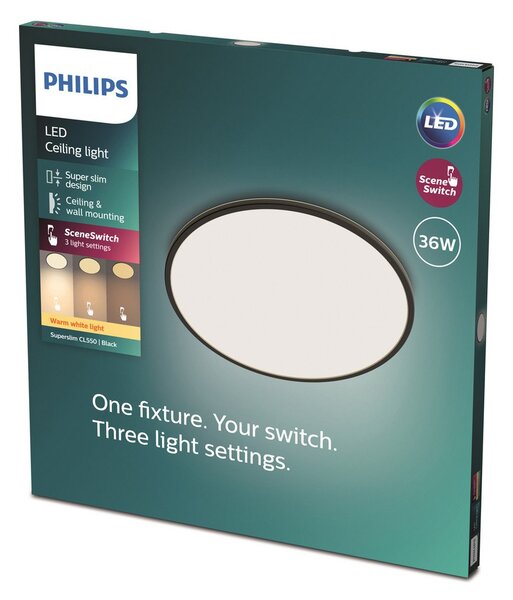 Philips Φωτιστικό οροφής SuperSlim 2.700K Ø54cm μαύρο, ρυθμιζόμενος, Μαύρο, Μελέτη / Γραφείο, Μέταλλο