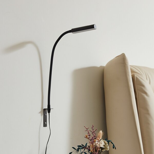 Lindby Φωτιστικό ανάγνωσης LED Flexola, μαύρο, γωνιακό, φις, ρυθμιζόμενος, Μαύρο, υπνοδωμάτιο, Μέταλλο