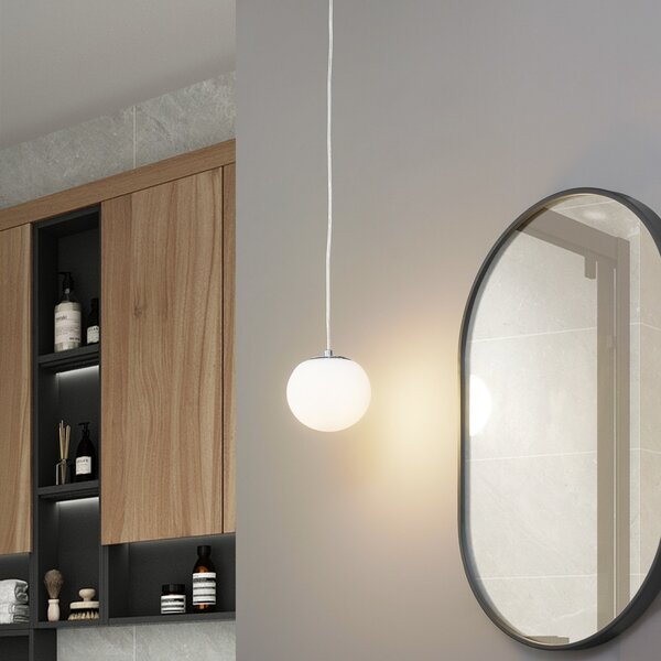 Lucande κρεμαστό φωτιστικό Bidolo, χρώμιο, γυαλί, Ø 15 cm, IP44, ρυθμιζόμενος, Μεταλλικό, Μπάνιο, Γυαλί, Σφαίρα