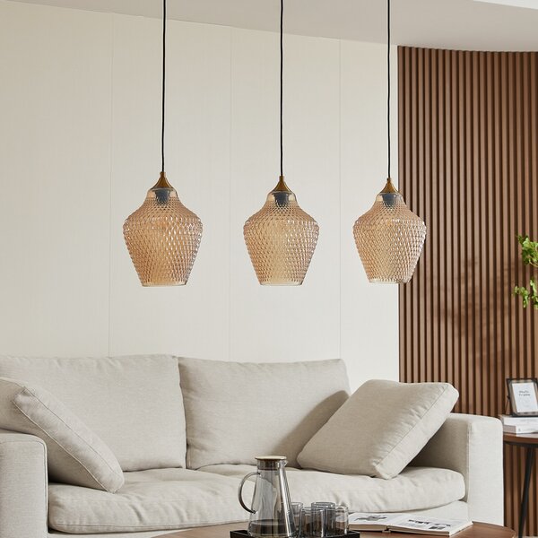 Lindby κρεμαστό φωτιστικό Drakar, Ø 22 cm, 3-φωτο, κεχριμπαρένιο, γυαλί, ρυθμιζόμενος, Μπεζ, Σαλόνι / τραπεζαρία, Γυαλί, Vintage