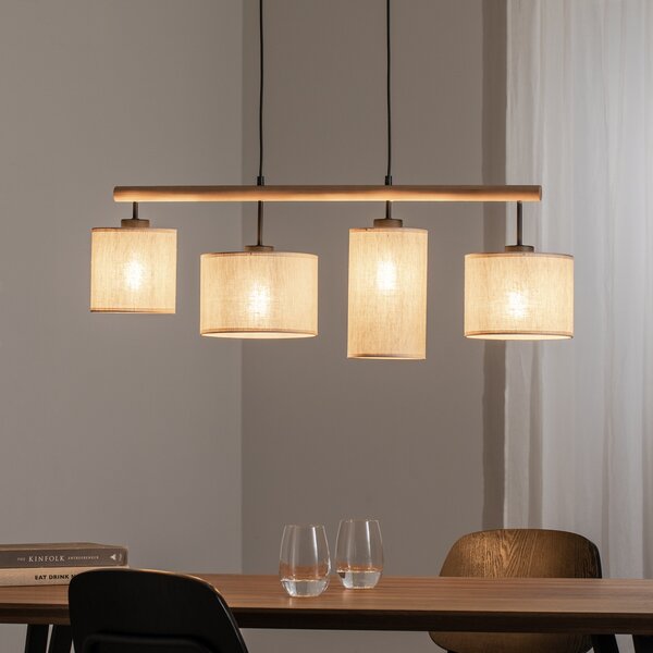 TK Lighting Κρεμαστό φωτιστικό Deva Nature, τετράφωτο, ύφασμα, ρυθμιζόμενος, Μπεζ, Σαλόνι / τραπεζαρία, Ξύλο, Σκανδιναβικό