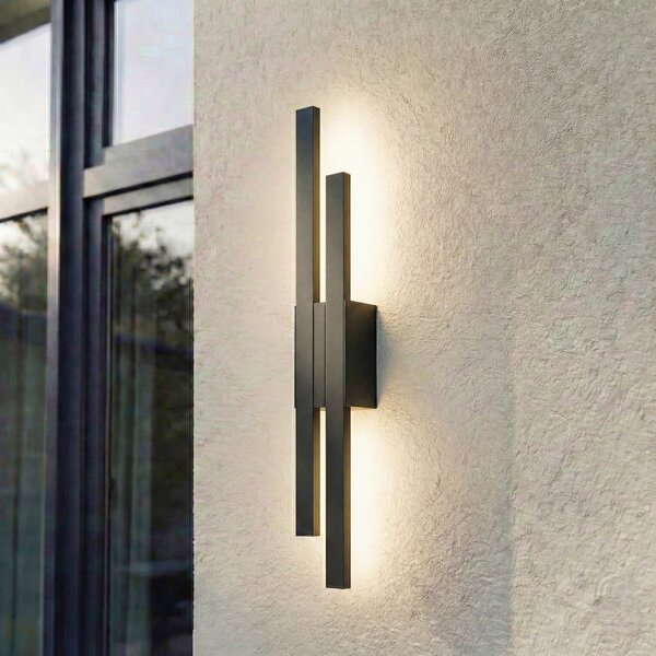 Lindby LED εξωτερικός φωτισμός τοίχου Sakari, μαύρος, αλουμίνιο, ύψος 59 cm, Μαύρο, Αλουμίνιο, σύγχρονο