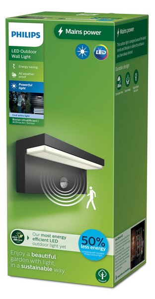 Philips Εξωτερικό φωτιστικό τοίχου LED της Bustan UE, αισθητήρας, 4.000 K, Μαύρο, Αλουμίνιο, σύγχρονο, Γωνιακός τοίχος