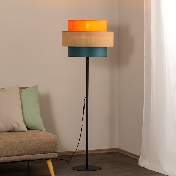 TK Lighting Φωτιστικό δαπέδου Trio, απόχρωση γιούτα, πορτοκαλί/φυσικό καφέ/πετρόλ, Πολύχρωμο, Σαλόνι / τραπεζαρία, Ύφασμα / Κλωστοϋφαντουργία