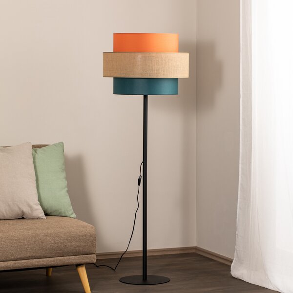 TK Lighting Φωτιστικό δαπέδου Trio, απόχρωση γιούτα, πορτοκαλί/φυσικό καφέ/πετρόλ, Πολύχρωμο, Σαλόνι / τραπεζαρία, Ύφασμα / Κλωστοϋφαντουργία