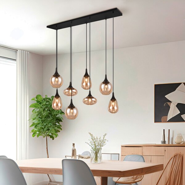 Trio Lighting Lumina κρεμαστό φωτιστικό, 8-φωτο, μαύρο/αμπερ, γυαλί, ρυθμιζόμενος, Σαλόνι / τραπεζαρία, Γυαλί, σύγχρονο