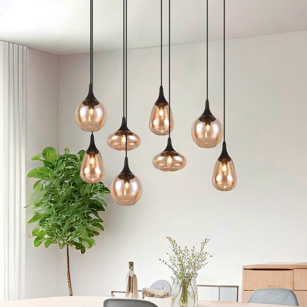 Trio Lighting Lumina κρεμαστό φωτιστικό, 8-φωτο, μαύρο/αμπερ, γυαλί, ρυθμιζόμενος, Σαλόνι / τραπεζαρία, Γυαλί, σύγχρονο