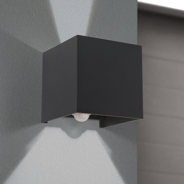 ORION Εξωτερικό φωτιστικό τοίχου LED Cube-S, ανθρακί, μεταλλικό, αισθητήρας, Μαύρο, Αλουμίνιο, σύγχρονο, Πρίζα τοίχου πάνω/κάτω