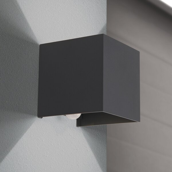 ORION Εξωτερικό φωτιστικό τοίχου LED Cube-S, ανθρακί, μεταλλικό, αισθητήρας, Μαύρο, Αλουμίνιο, σύγχρονο, Πρίζα τοίχου πάνω/κάτω