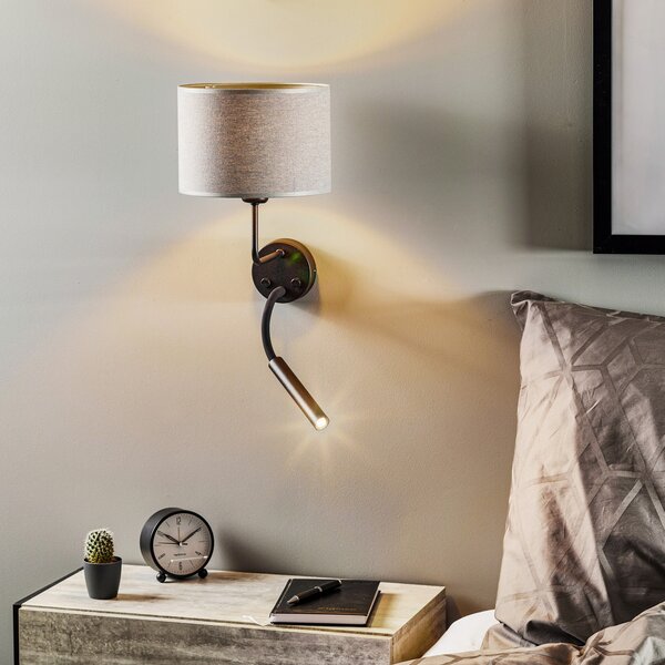 Nowodvorski Lighting Φωτιστικό τοίχου Hotel Plus με φως ανάγνωσης, γκρι, ρυθμιζόμενος, Μαύρο, υπνοδωμάτιο, Ύφασμα / Κλωστοϋφαντουργία, σύγχρονο