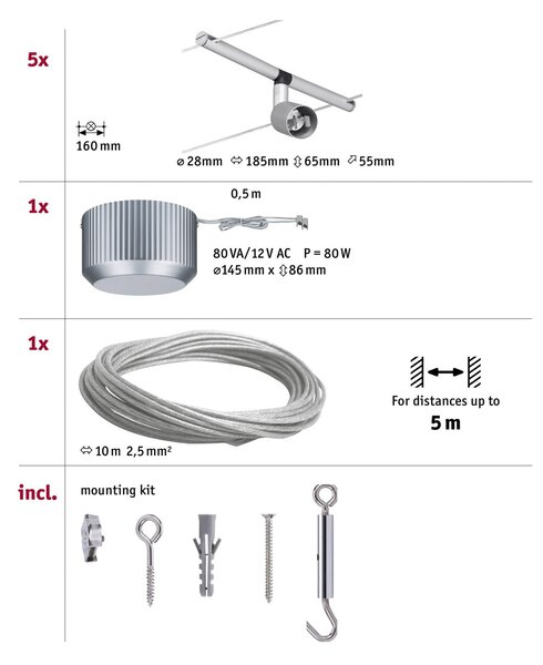 Paulmann Spice Salt Σύστημα καλωδίων LED, 5 φλόγες, 10m, Γκρι, Σαλόνι / τραπεζαρία, Μέταλλο, σύγχρονο
