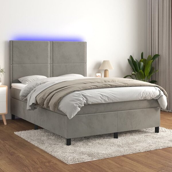 Κρεβάτι Boxspring με Στρώμα&LED Αν. Γκρι 140x190 εκ. Βελούδινο - Γκρι