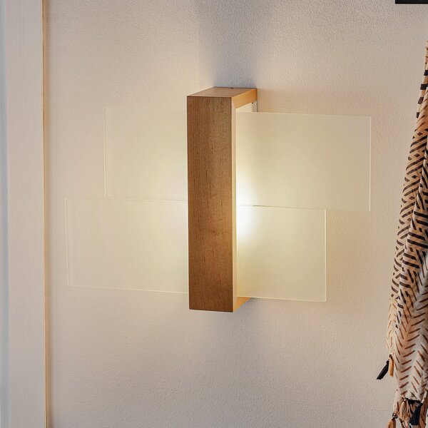 SOLLUX LIGHTING Φωτιστικό τοίχου Shifted 1, γυαλί και ανοιχτόχρωμο ξύλο, ρυθμιζόμενος, Ξύλου, Σαλόνι / τραπεζαρία, Γυαλί, σύγχρονο