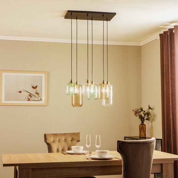 TK Lighting Κρεμαστό φωτιστικό Marco Green, 6 φτερά, διαφανές/πράσινο/καφέ, ρυθμιζόμενος, Διαφανές, Σαλόνι / τραπεζαρία, Γυαλί, σύγχρονο