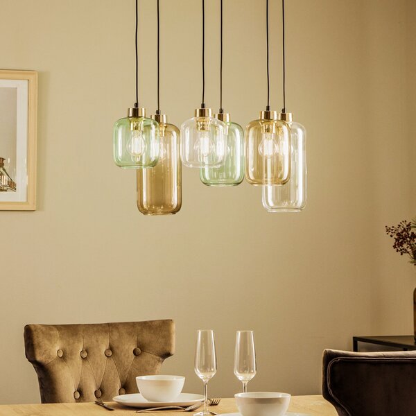 TK Lighting Κρεμαστό φωτιστικό Marco Green, 6 φτερά, διαφανές/πράσινο/καφέ, ρυθμιζόμενος, Διαφανές, Σαλόνι / τραπεζαρία, Γυαλί, σύγχρονο