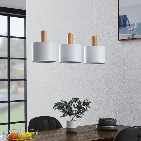 Lindby κρεμαστό φωτιστικό Kadir, 73 cm, 3-φωτιστικό, λευκό, ξύλο, ρυθμιζόμενος, Λευκό, Σαλόνι / τραπεζαρία, Μέταλλο, σύγχρονο