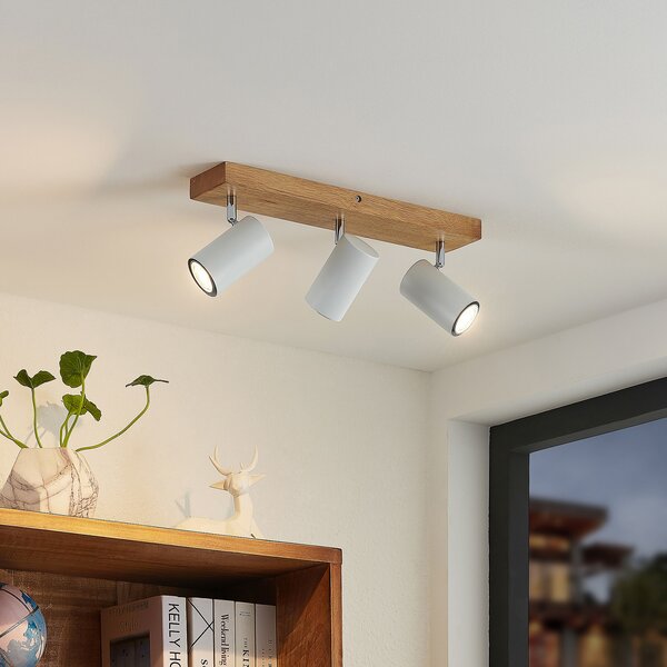 Lindby Προβολέας οροφής Maniva, 44 cm, 3-φωτός, λευκός, GU10, ρυθμιζόμενος, Ξύλου, Σαλόνι / τραπεζαρία, Ξύλο, σύγχρονο
