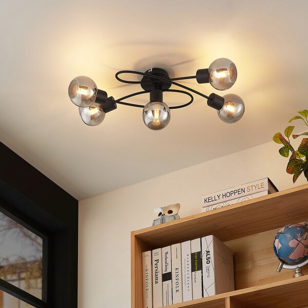 Lindby φωτιστικό οροφής Elaina, 66 cm, 5-φωτο, μαύρο/καπνός, E14, ρυθμιζόμενος, Μαύρο, Σαλόνι / τραπεζαρία, Μέταλλο, σύγχρονο