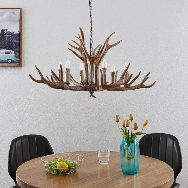 Lindby κρεμαστό φωτιστικό Tejask, Ø 102 cm, 6-φωτο, κέρατα, E14, ρυθμιζόμενος, Καφέ / Σκουριάς, Σαλόνι / τραπεζαρία, Πλαστικό, Εξοχική κατοικία / Ρουστίκ, Πολυέλαιοι