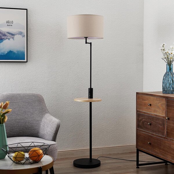 Lindby φωτιστικό δαπέδου Zinia, μαύρο, ράφι, σύνδεση USB, Μαύρο, Σαλόνι / τραπεζαρία, Μέταλλο, σύγχρονο