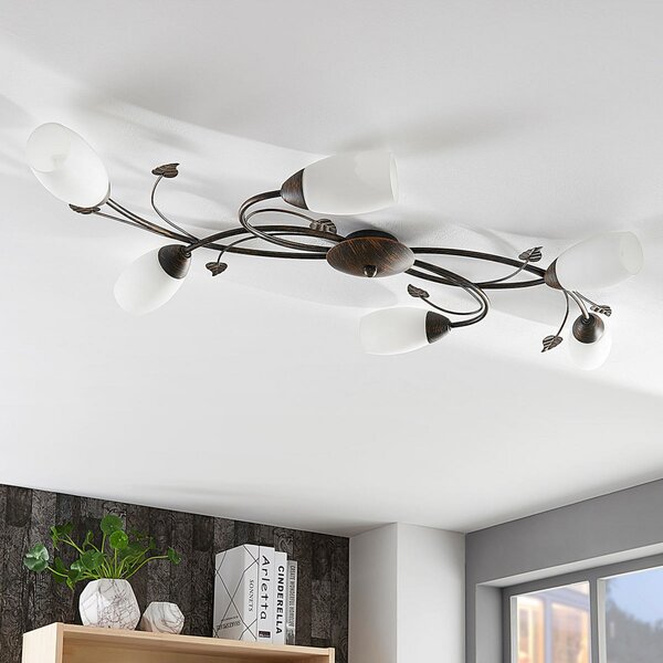 Lindby φωτιστικό οροφής Stefania, 6-φωτο, μαύρο/χρυσό, 68cm, ρυθμιζόμενος, Καφέ / Σκουριάς, Σαλόνι / τραπεζαρία, Γυαλί, Αντίκα