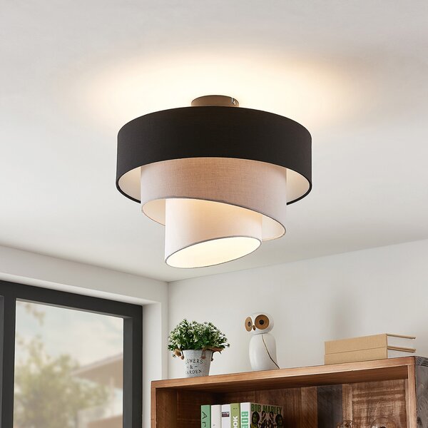 Lindby Φωτιστικό οροφής Coria, μαύρο/γκρι/λευκό, Ø 40 cm, E27, ρυθμιζόμενος, Μπεζ, Σαλόνι / τραπεζαρία, Ύφασμα / Κλωστοϋφαντουργία, σύγχρονο