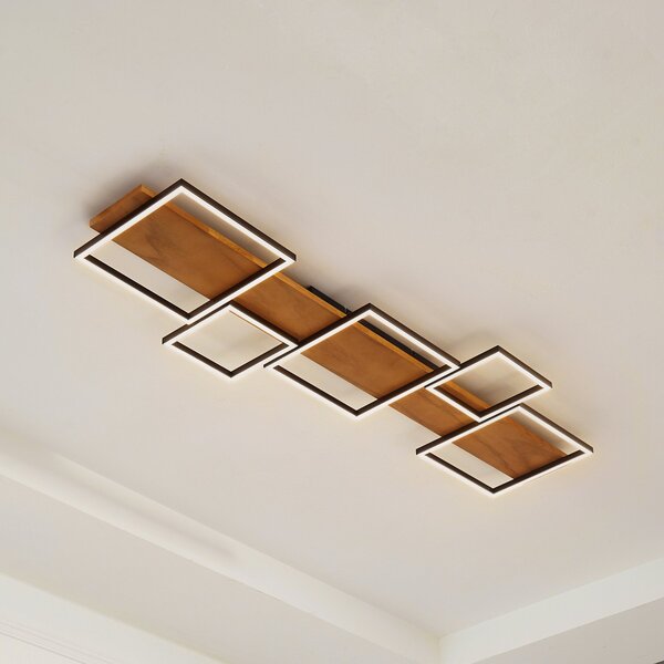 Lindby LED φωτιστικό οροφής Galad, μαύρο, ξύλο, 5-φωτιστικό, 140 cm, ρυθμιζόμενος, Ξύλου, Σαλόνι / τραπεζαρία, Ξύλο, σύγχρονο, Οροφή γωνιακή άμεση
