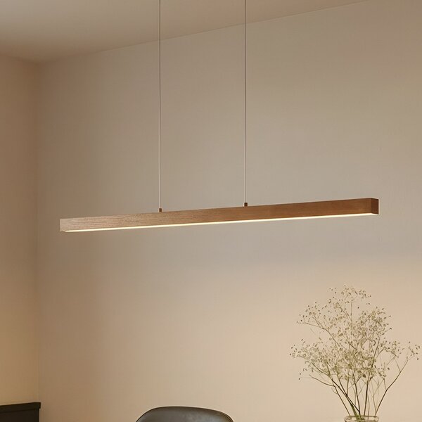 Lucande LED κρεμαστό φωτιστικό Nihalo, ξύλο, 122 cm, ρυθμιζόμενο, CCT, ρυθμιζόμενος, Ξύλου, Σαλόνι / τραπεζαρία, Ξύλο, σύγχρονο