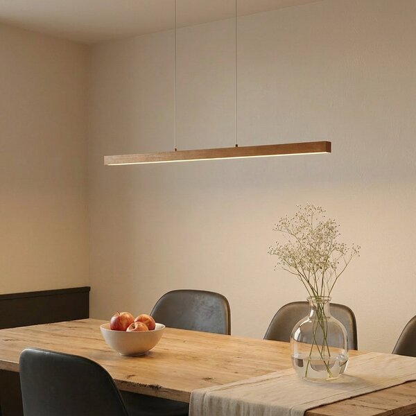 Lucande LED κρεμαστό φωτιστικό Nihalo, ξύλο, 122 cm, ρυθμιζόμενο, CCT, ρυθμιζόμενος, Ξύλου, Σαλόνι / τραπεζαρία, Ξύλο, σύγχρονο
