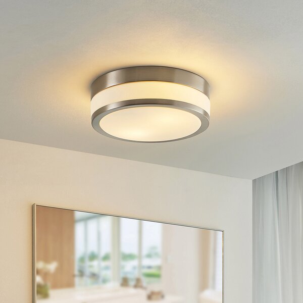 Lindby Φωτιστικό οροφής Flavi, Ø 28 cm, νικέλιο, γυαλί, IP44, E27, ρυθμιζόμενος, Μεταλλικό, Μπάνιο, Μέταλλο, σύγχρονο
