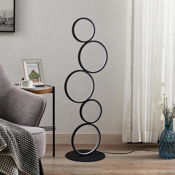 Lindby LED φωτιστικό δαπέδου Jacek, μαύρο, μέταλλο, 110 cm, δαχτυλίδια, Μαύρο, Σαλόνι / τραπεζαρία, Μέταλλο, σύγχρονο