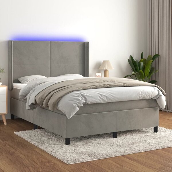 Κρεβάτι Boxspring με Στρώμα & LED Αν.Γκρι 140x200 εκ. Βελούδινο - Γκρι